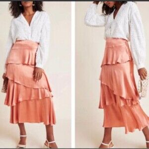 Anthropologie Maeve  Cassia Tiered Midi Skirt orange rust